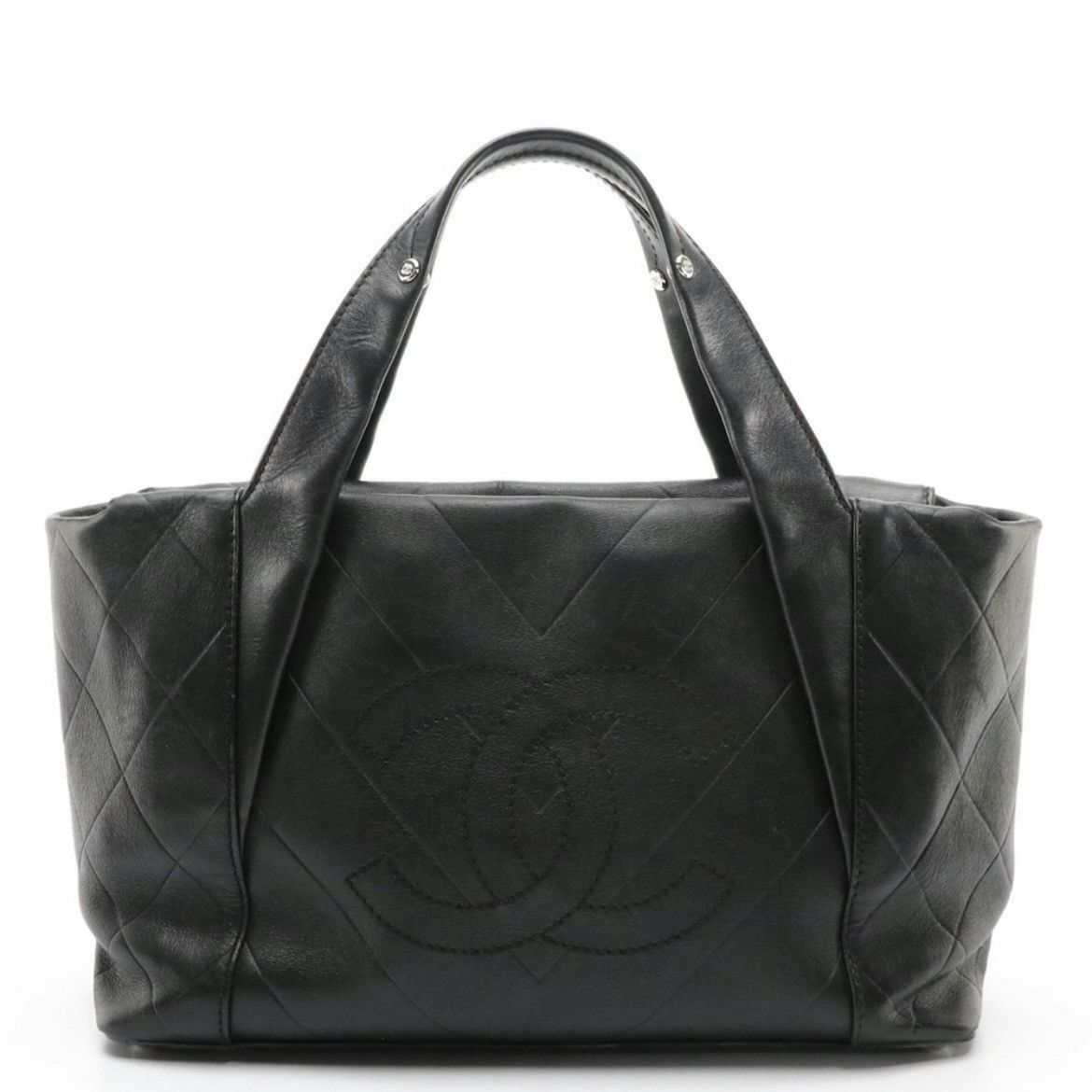 Chanel CC Black Chevron Quilted Leather Tote Bag