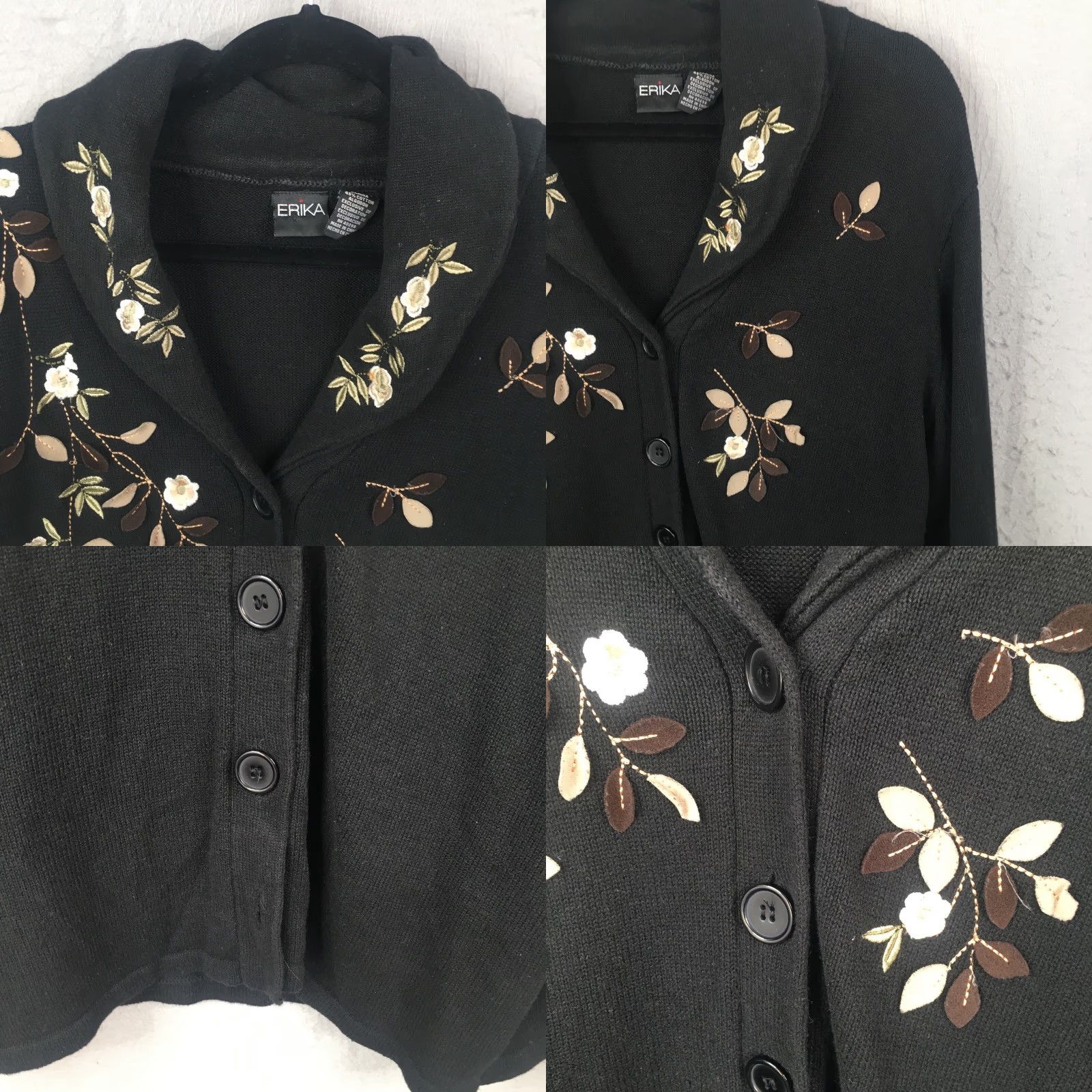 Vintage ERIKA Sweater Women L Black Ramie Embroidery Floral Cardigan Boho Long Sleeve Collared Knit Size L / US 10 / IT 46 - 9 Thumbnail