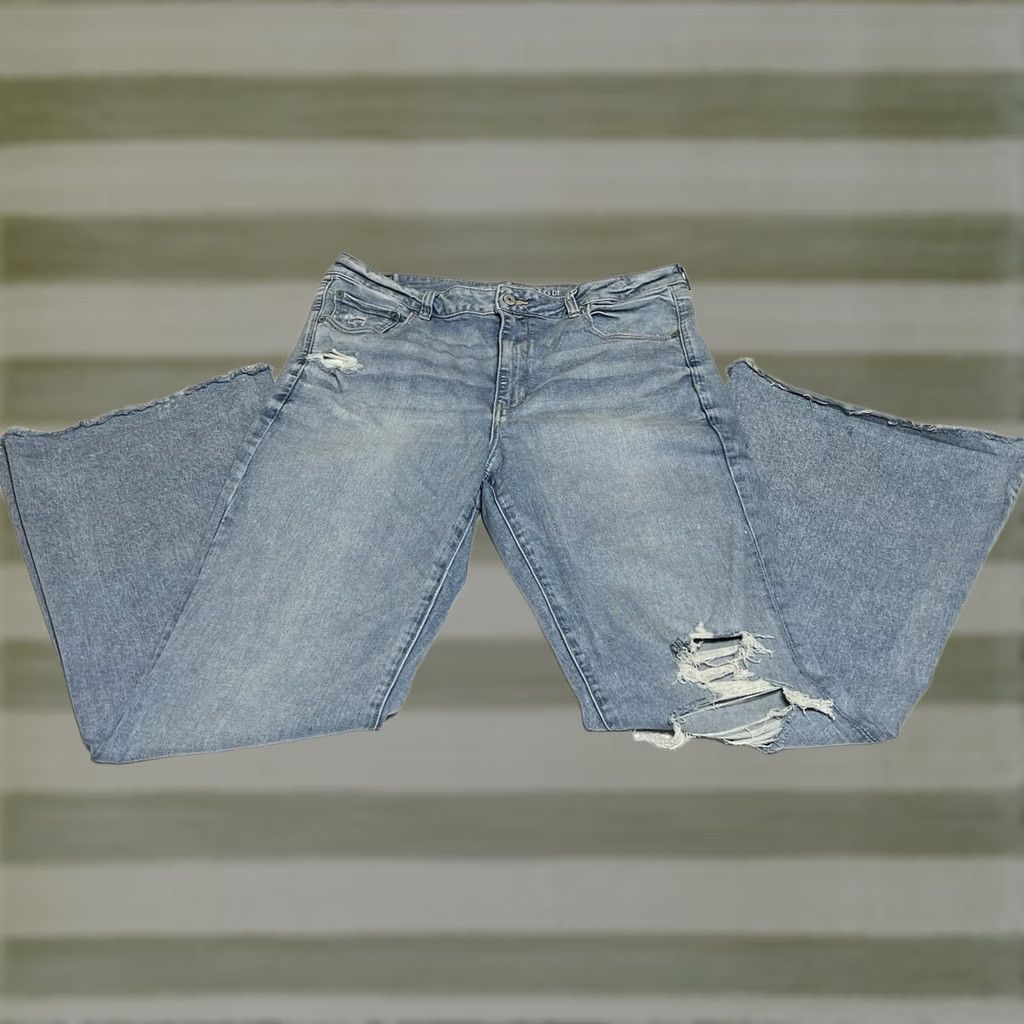 American Eagle Outfitters VINTAGE American Eagle Jeans 18 Long Flare 31in 5-Pocket Blue Distress Stretch Denim Womens High Rise Trouser Size 40" / US 18 - 1 Thumbnail