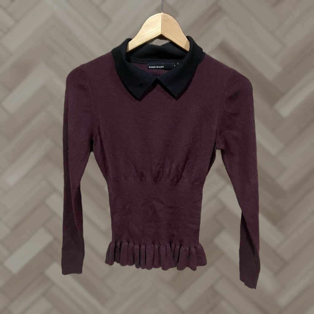 Karen Millen Karen Millen Blouse Shirt Womens Black Maroon 3 Long Sleeve Button Viscose Wool Tunic Business Spring Dry Clean Only UK Made - N/A Size XS / US 0-2 / IT 36-38 - 1 Thumbnail
