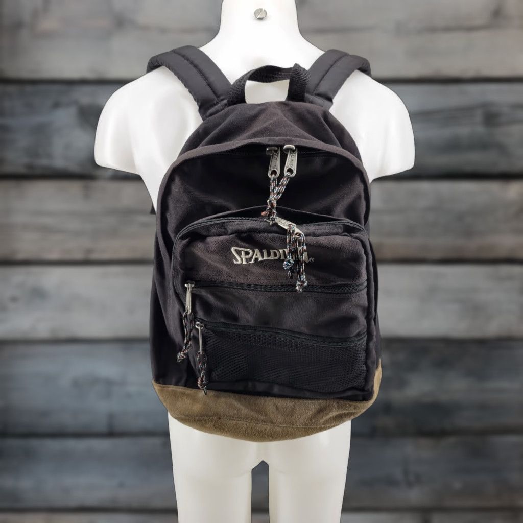Spalding VINTAGE Spalding Backpack 90s Leather Bottom Black Canvas Medium Unisex Adults Bag Bag School Backpack Mens Womens Size US 31 - 1 Thumbnail