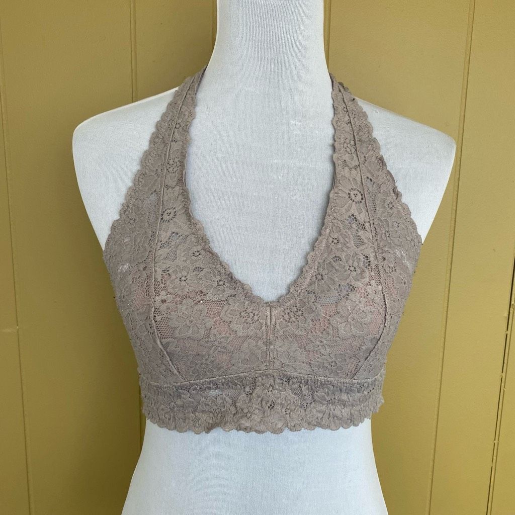 American Eagle Outfitters Aerie women M V-cut halter top lace bralette grey Size ONE SIZE - 1 Thumbnail