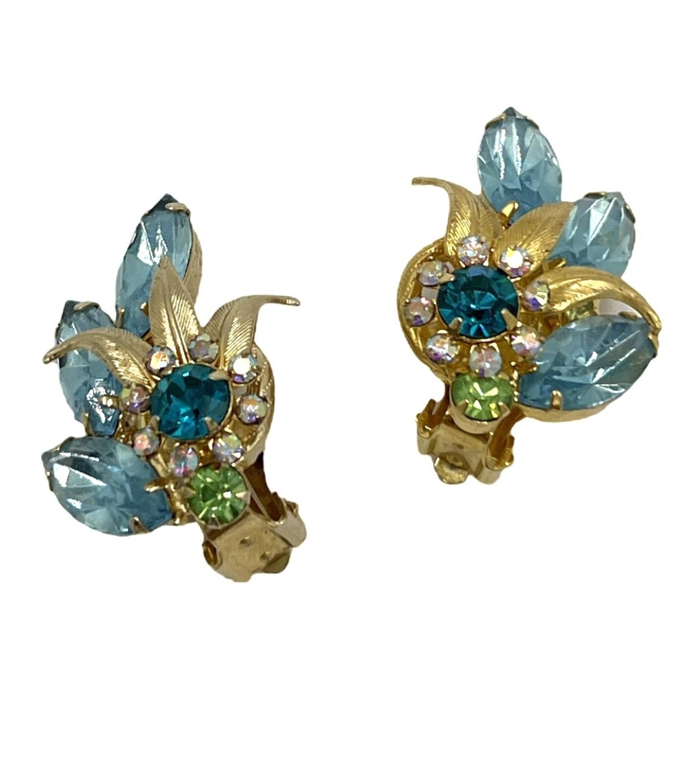 Alexander Julian Juliana Blue Green Rhinestone Glower Floral Clip-On Earrings Size ONE SIZE - 2 Thumbnail