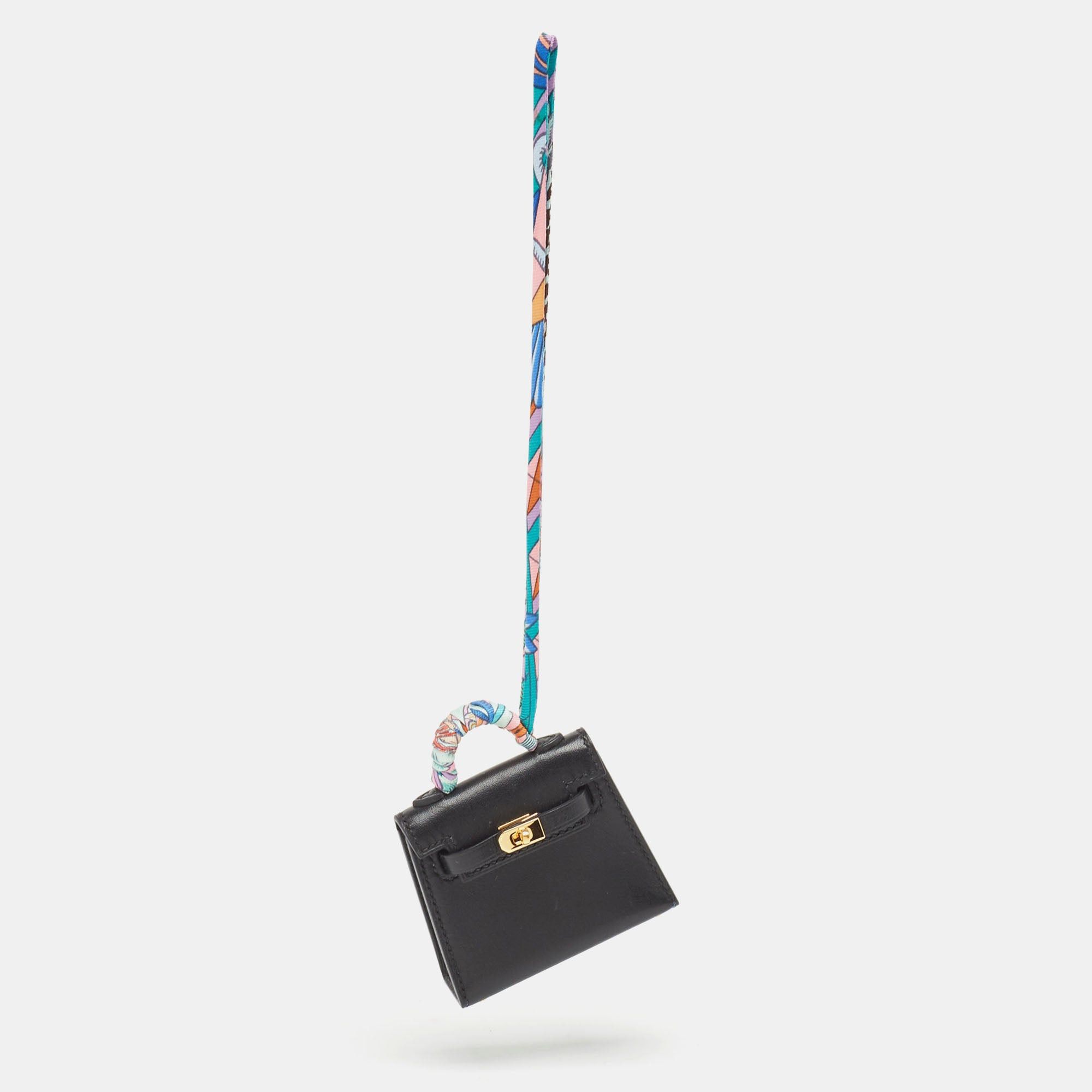 image of Hermes Noir Tadelakt Leather Mini Kelly Twilly Bag Charm in Black, Women's