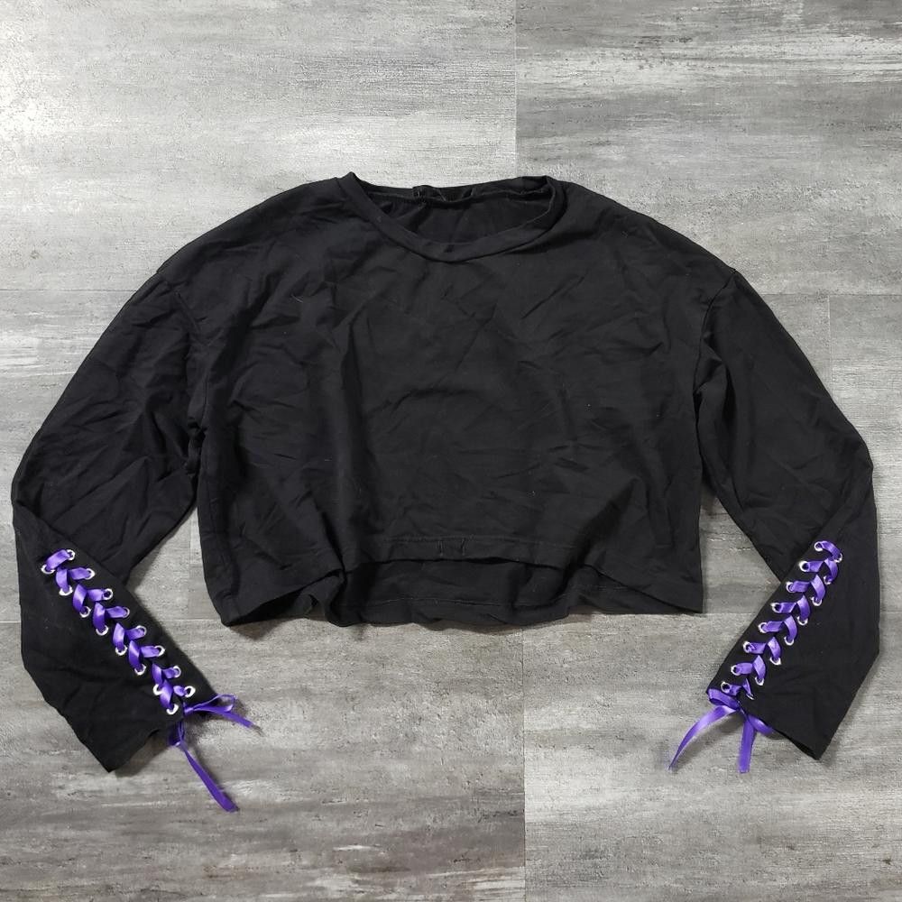 Designer Black Violet Ribbon Detailed HC Long Sleeve Size L / US 10 / IT 46 - 4 Thumbnail