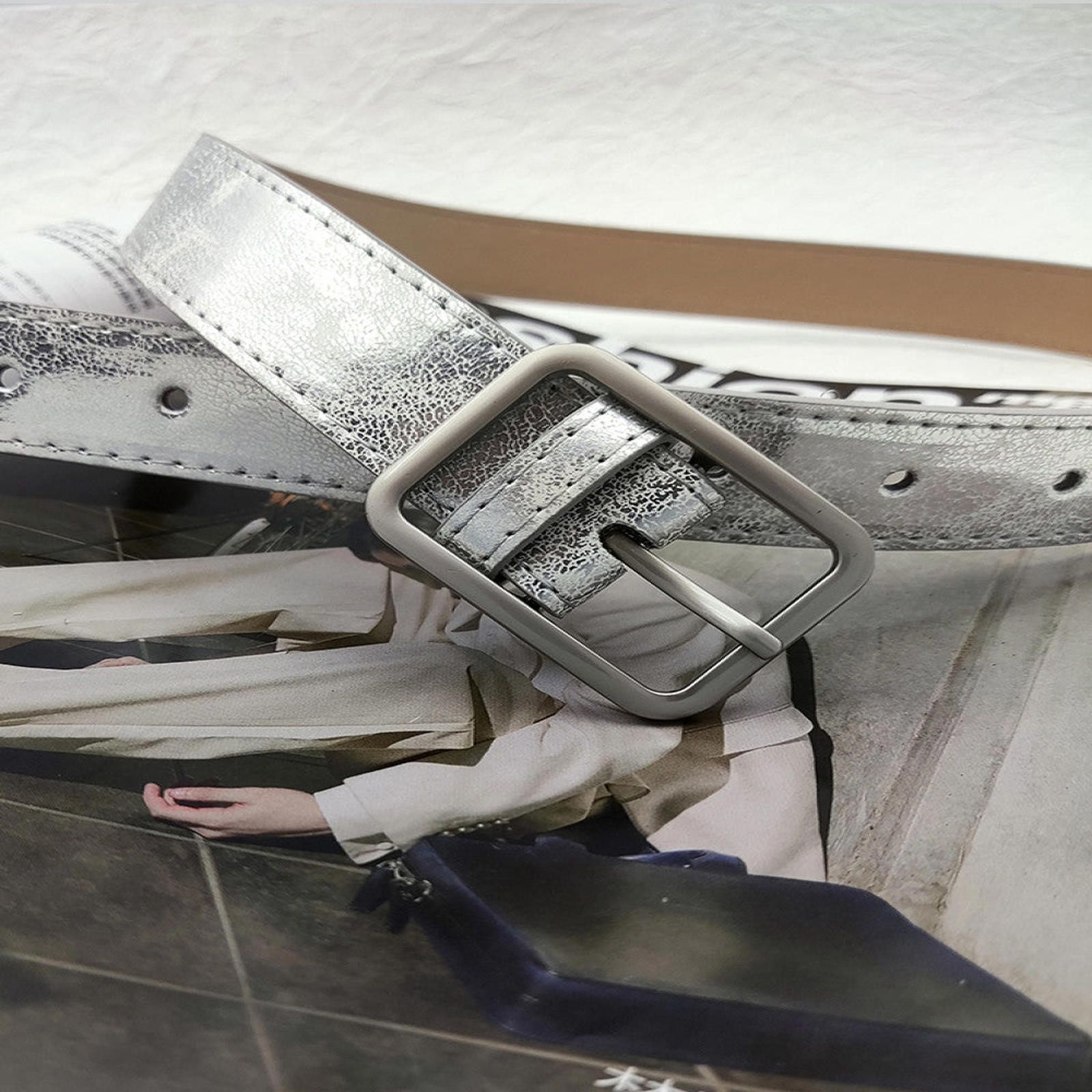 Leather Metallic Silver Belt with Sleek Buckle Size ONE SIZE - 4 Thumbnail