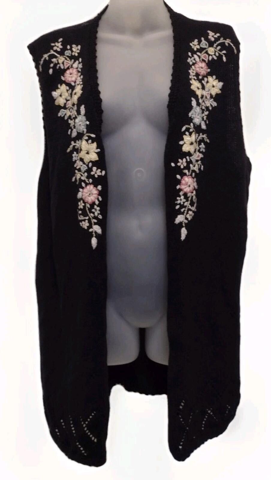 TWNTY-TWO VTG 90s XL Ramie Cotton Floral Embroidered Knit Vest Black Size XL / US 12-14 / IT 48-50 - 3 Thumbnail