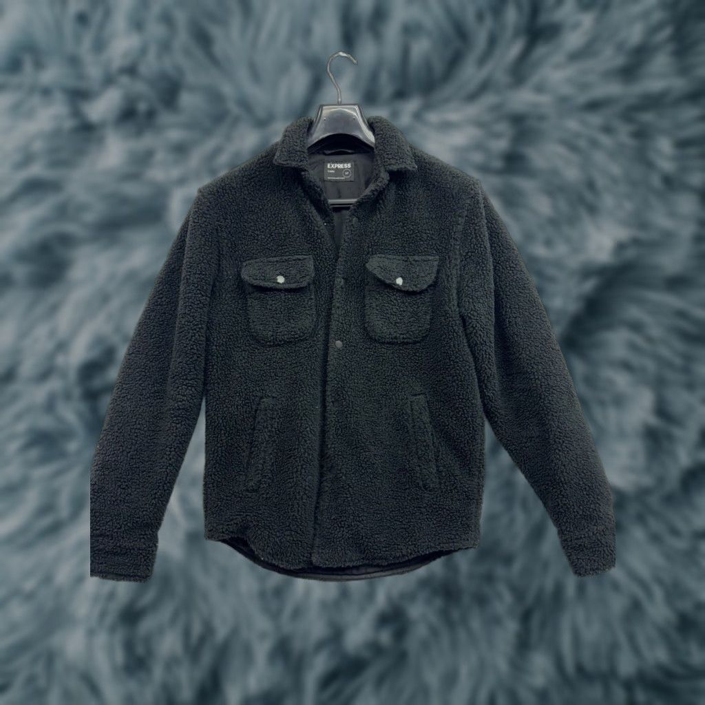 Express EXPRESS Black Flannel Jacket Mens S Snap Up Winter Faux Fur Lining Regular Everyday Vibrant Solid - Express Size US S / EU 44-46 / 1 - 1 Thumbnail