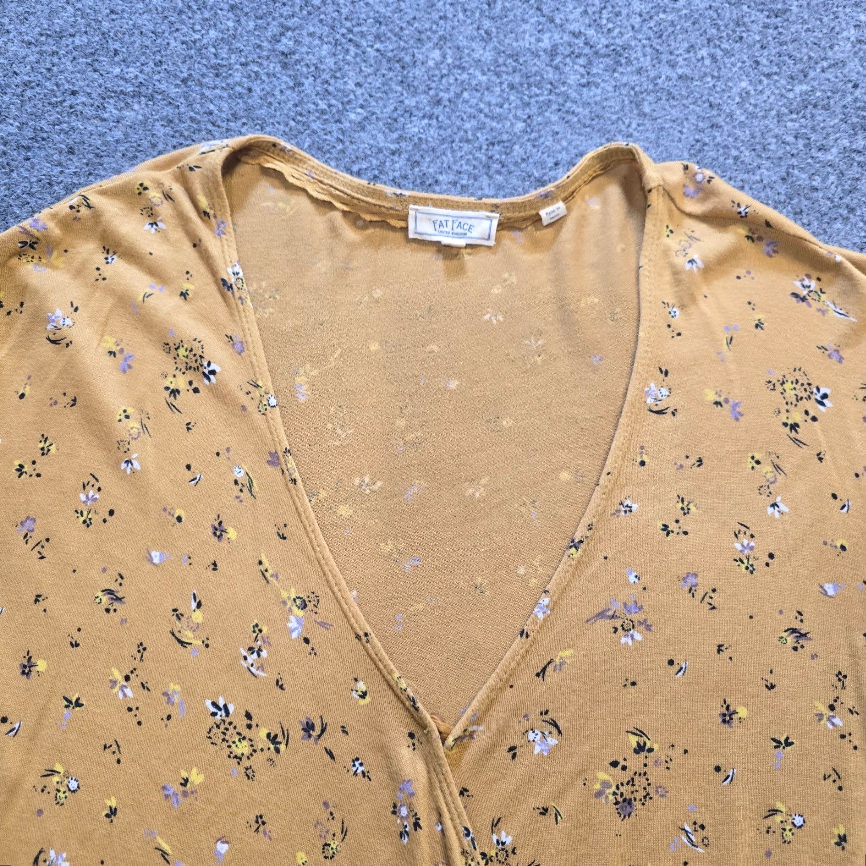 FatFace Fat Face Top Womens 10 Yellow Mustard Floral Popover Faux Wrap Casual Capsule Blouse Ladies Regular Knit Cotton Long Sleeve V-Neck Pockets Lightweight Size L / US 10 / IT 46 - 2 Thumbnail