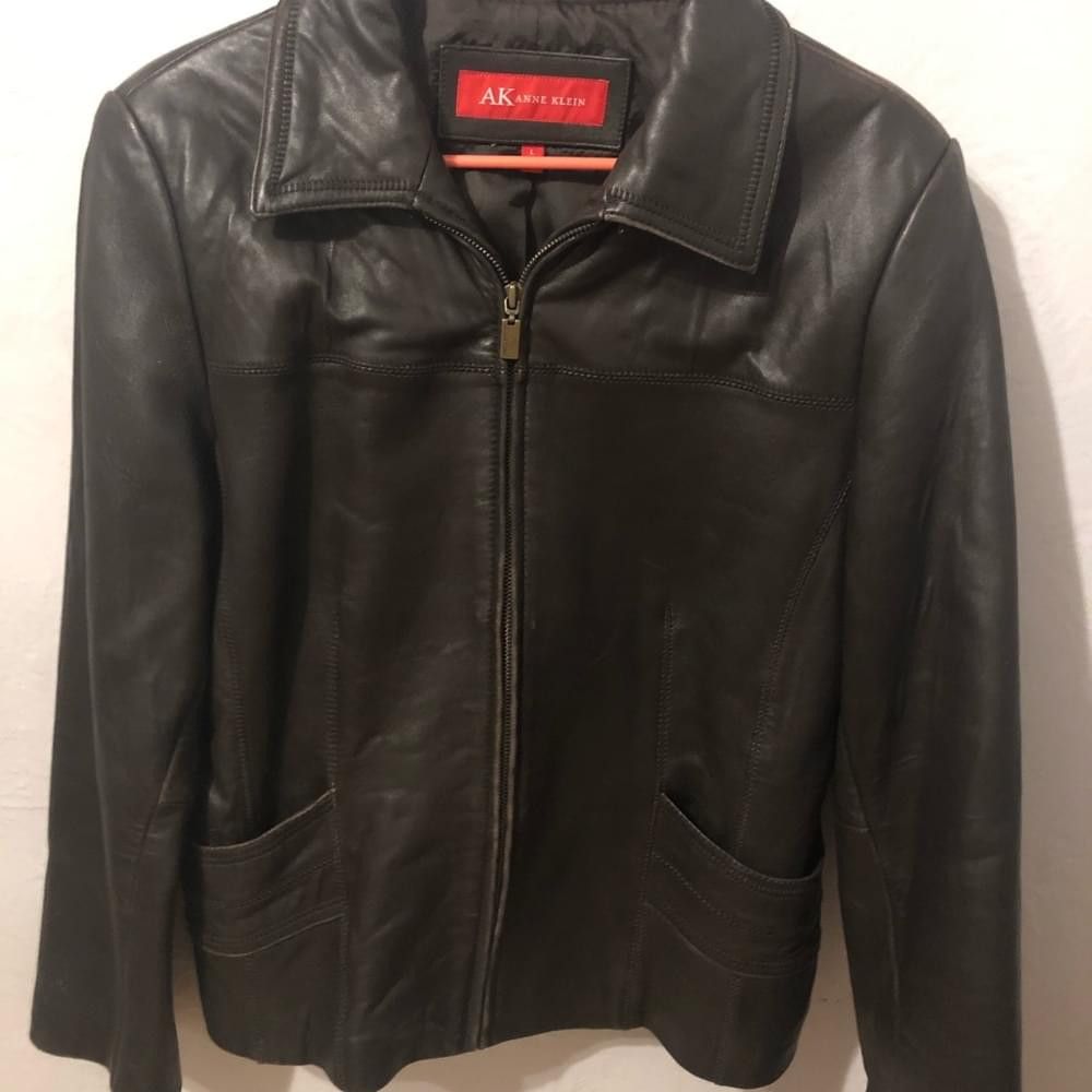 image of Anne Klein Brown Leather Zip Coat Size L Wpl 7888, Women's