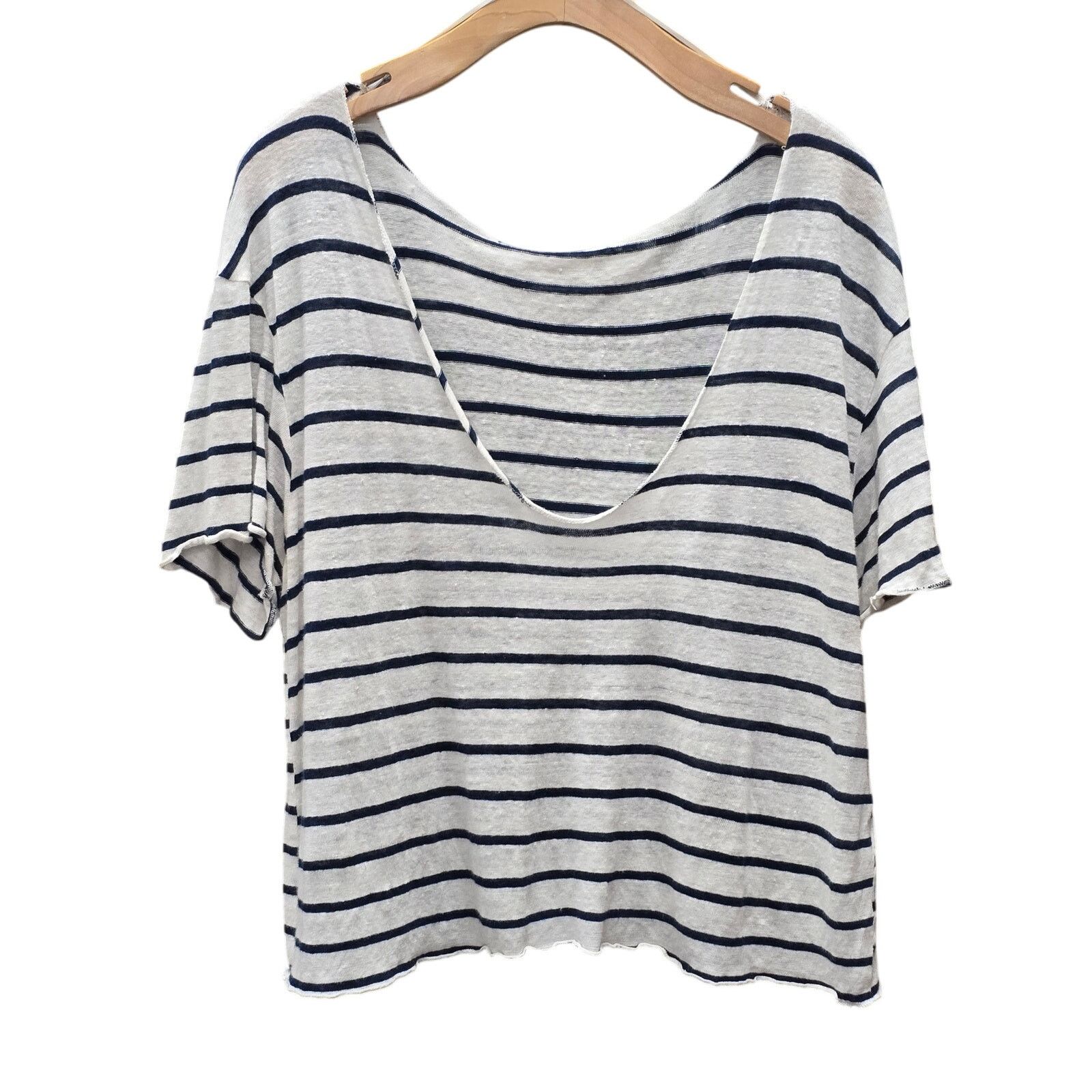 Zara Zara Creme & Navy 100% Linen Top, XL Size XL / US 12-14 / IT 48-50 - 1 Thumbnail