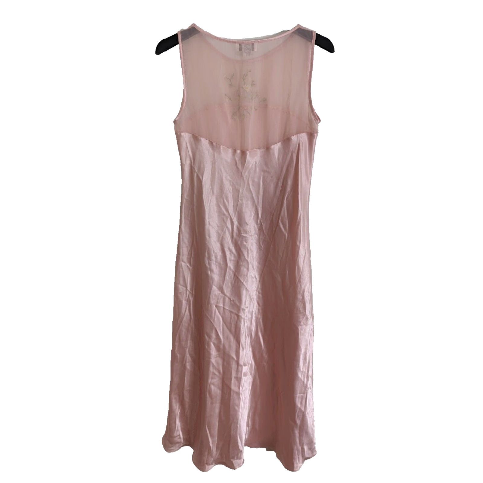 Jones New York VINTAGE Pink Satin Chiffon Floral Embroidered Long Maxi Nightgown L D2W Jones New York Nightgown Mens? Size ONE SIZE - 3 Thumbnail