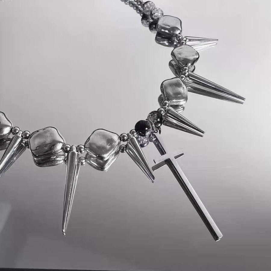 Jewelry Silver Color Thorns Punk With Cross Necklace Choker Size ONE SIZE - 2 Thumbnail