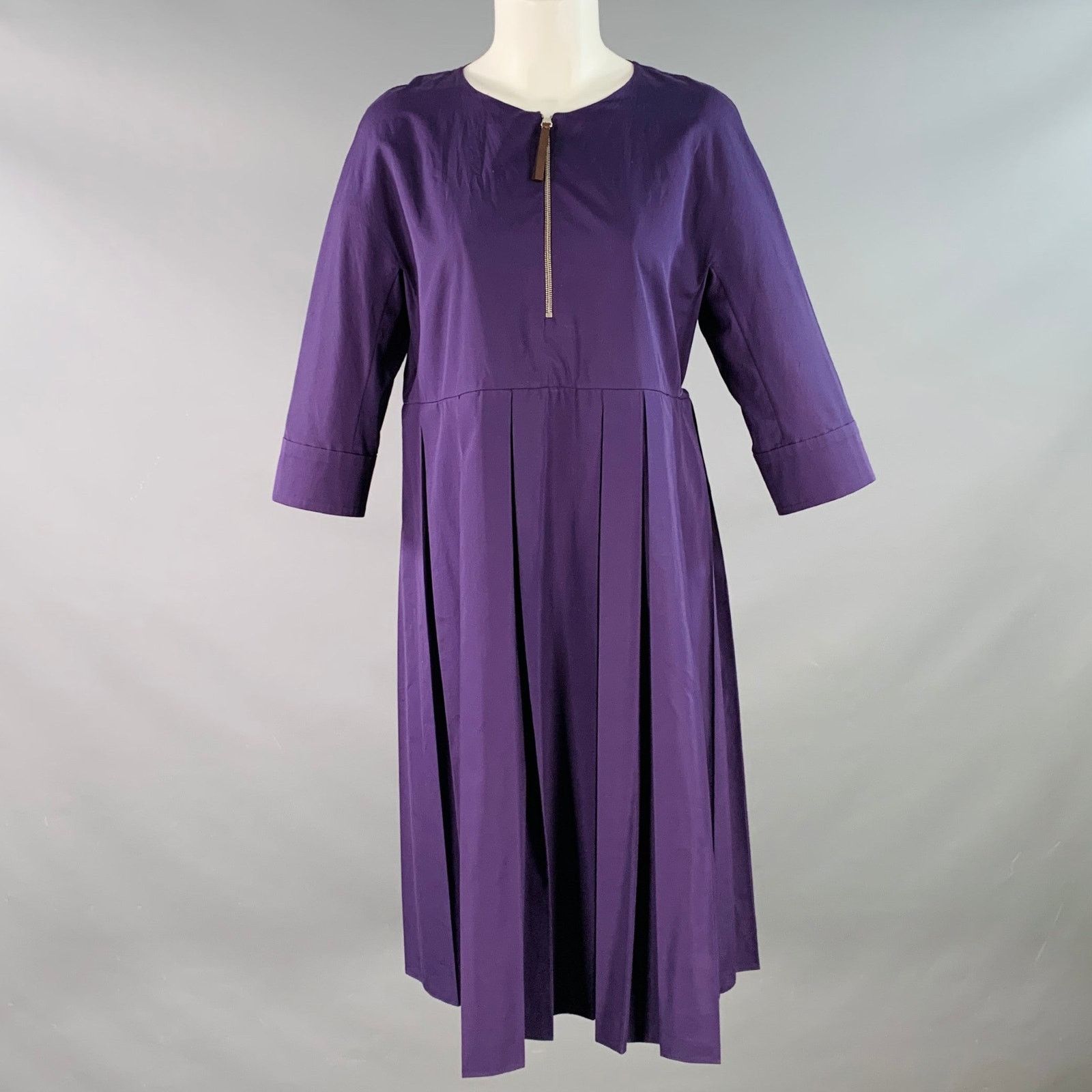 Other Size 6 Purple Cotton Pleated 3/4 Sleeves Half Zip Midi Dress Size M / US 6-8 / IT 42-44 - 1 Thumbnail