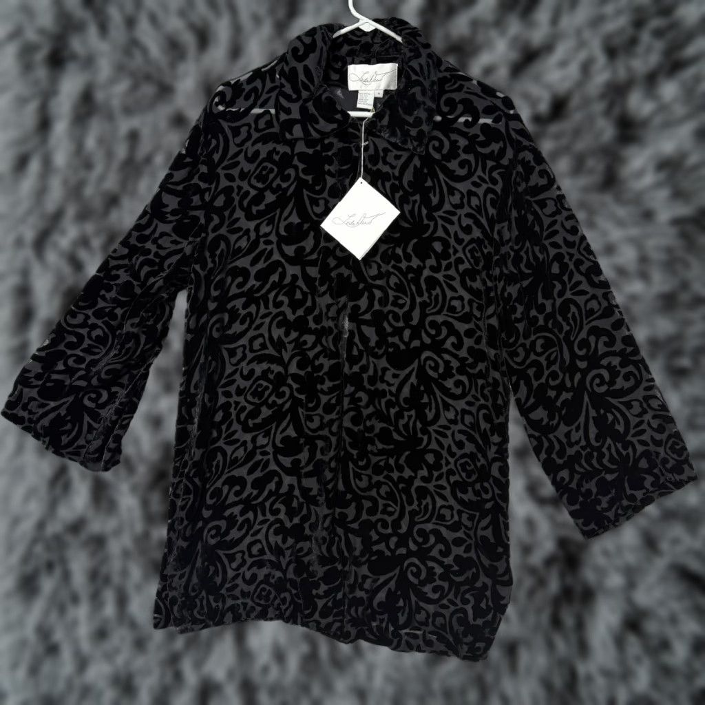 Velvet Vintage Linda Lund Jacket M Black Velvet Paisley Burnout Mid-Length Collared Silk-Blend Women's Casual Party/Cocktail Fall Winter Size M / US 6-8 / IT 42-44 - 1 Thumbnail