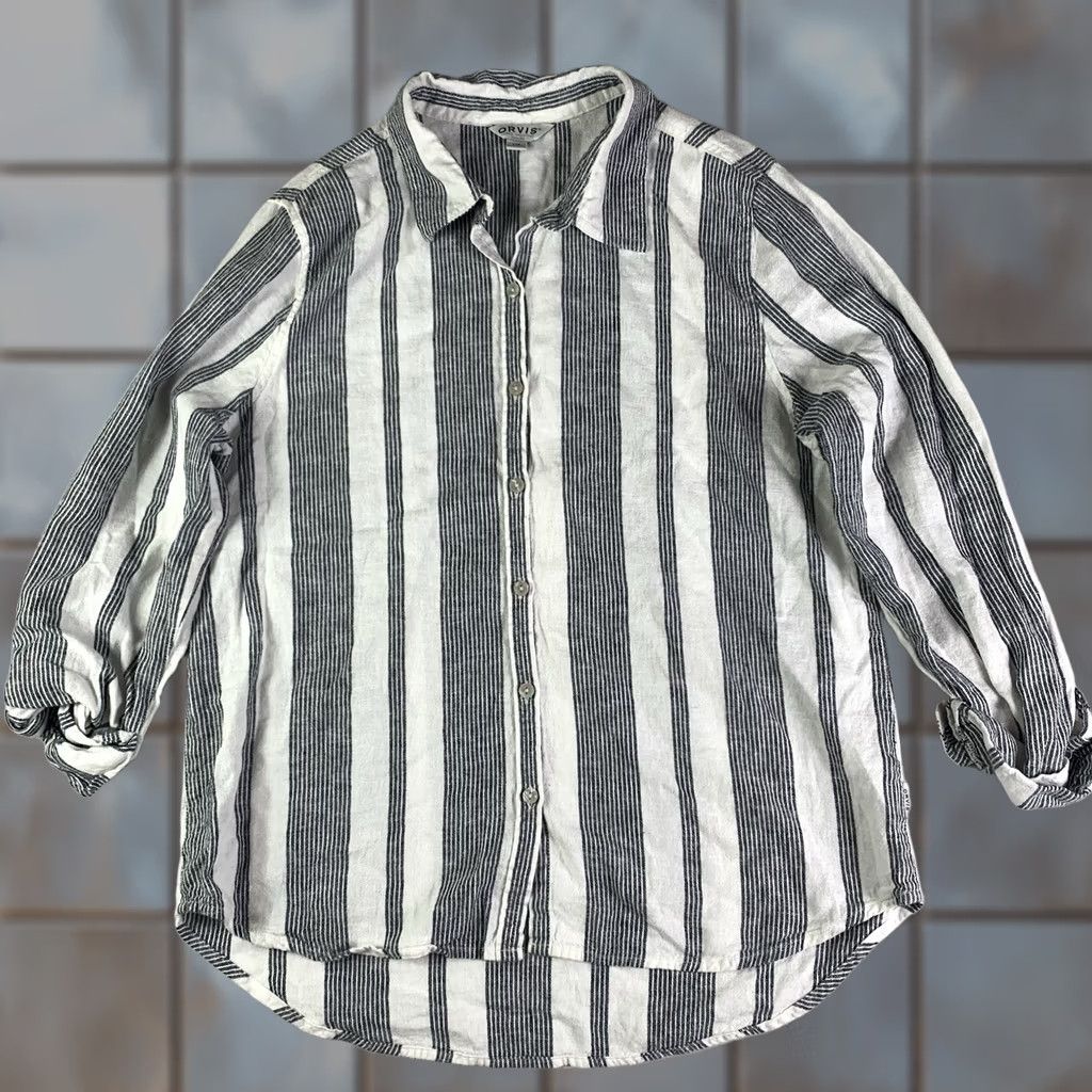 Orvis WOMENS Orvis Linen Blend Shirt L Blue White Stripe Button-Up Roll Tab Sleeves Regular Fit Casual Shirt Size L / US 10 / IT 46 - 1 Thumbnail