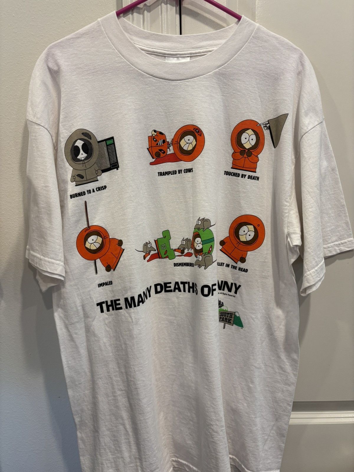 Gildan 1998 Vtg. South Park THE MANY DEATHS OF KENNY White Shirt XL Size US XL / EU 56 / 4 - 1 Thumbnail