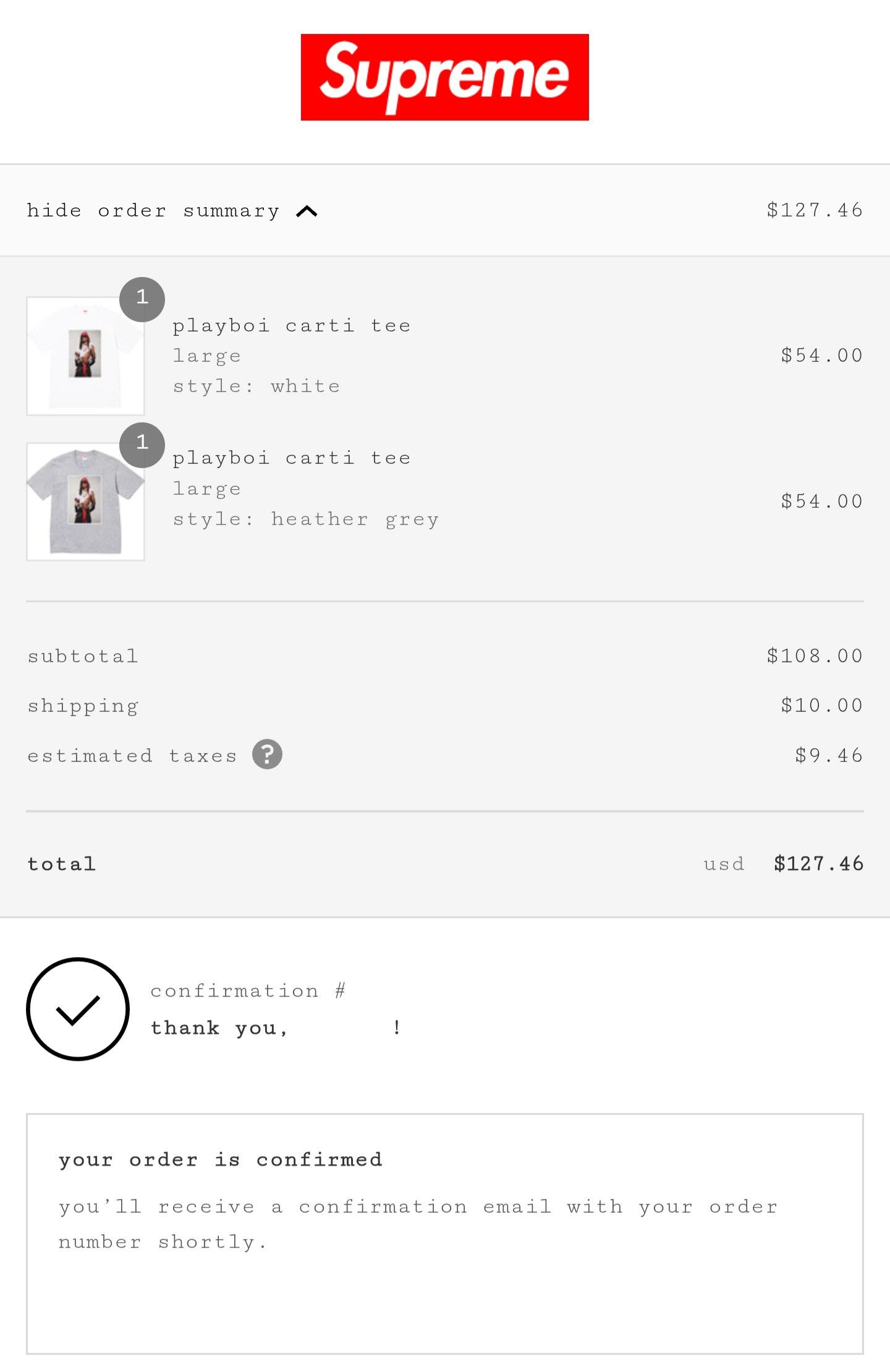 Confirmed Order* Supreme Playboi Carti Tee - Heather Grey