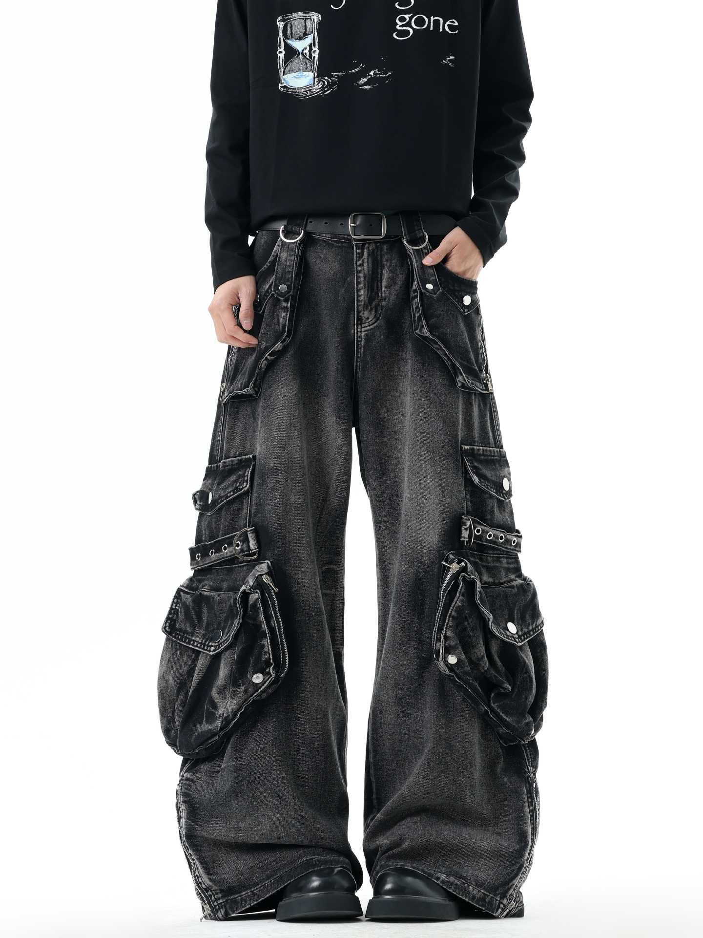 Japanese Brand Black Wide Leg Cargo Denim Pants, Baggy Cargo Jeans Size US 28 / EU 44 - 8 Thumbnail