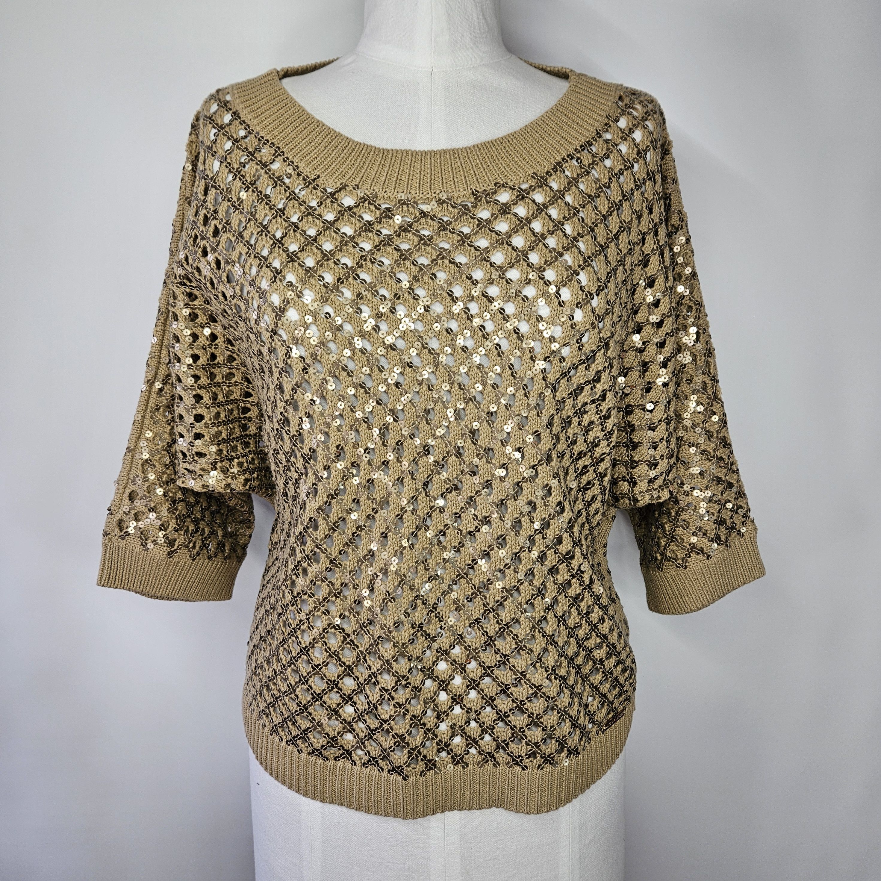Michael Kors Michael Kors Size L NEW Sweater Cotton Gold Open Knit Sequin Size L / US 10 / IT 46 - 1 Thumbnail
