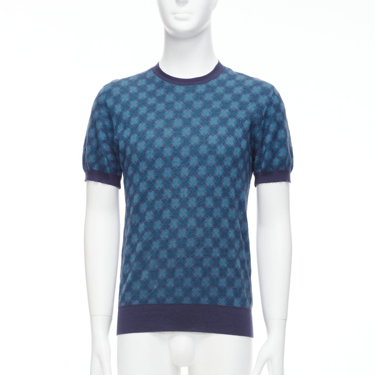 image of Brioni Silk Cashmere Blue Navy Diagonal Check Short Sleeve Sweater It50 L, Men's (Size Large)