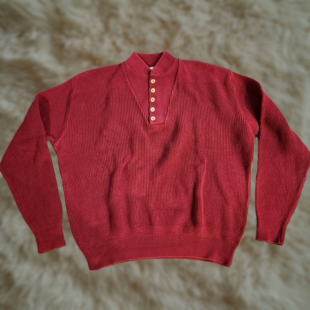 Vintage VINTAGE LL Bean Henley Sweater Mens XL Red Burgundy Cotton Knit Made In USA Size US XL / EU 56 / 4 - 1 Thumbnail