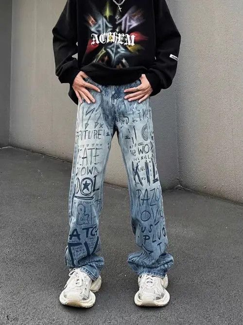 VIBE High street trendy retro letter graffiti jeans Size US 31 - 6 Thumbnail