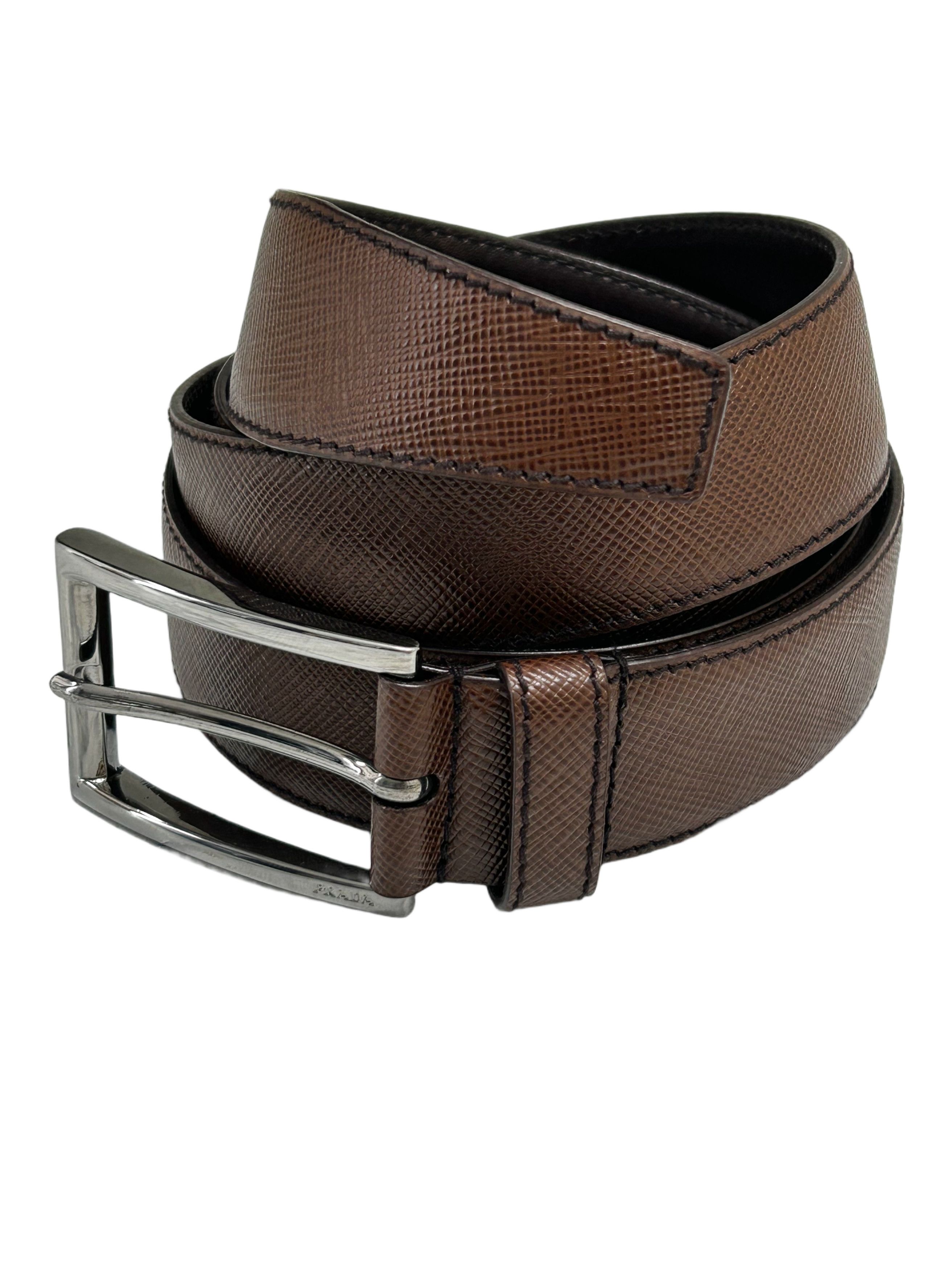 Prada Prada Dark Brown Leather Notch Buckle Belt With Logo Size 38 - 1 Thumbnail