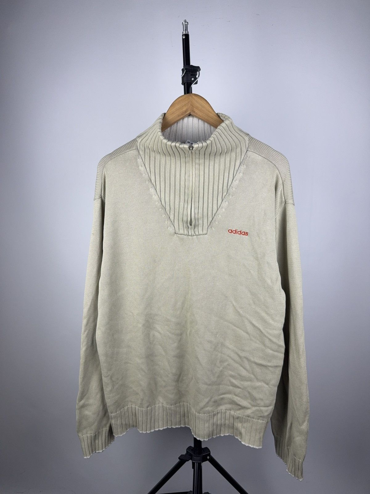 Vintage Adidas Ribbed Zip Neck Knit Sweater Beige Y2K Style