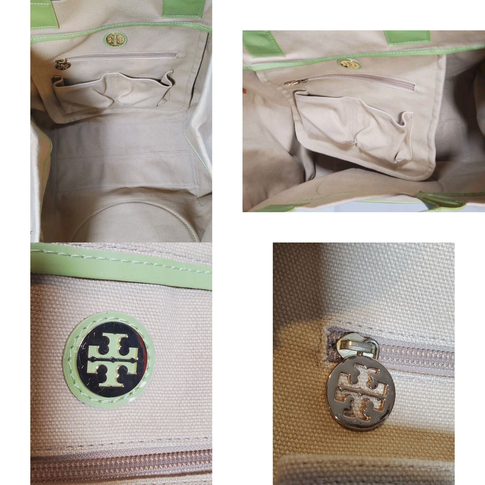 Tory Burch Tory Burch Ella Tote Bag Large Light Beige Canvas Sage Green Patent Leather Expandable Size ONE SIZE - 8 Thumbnail