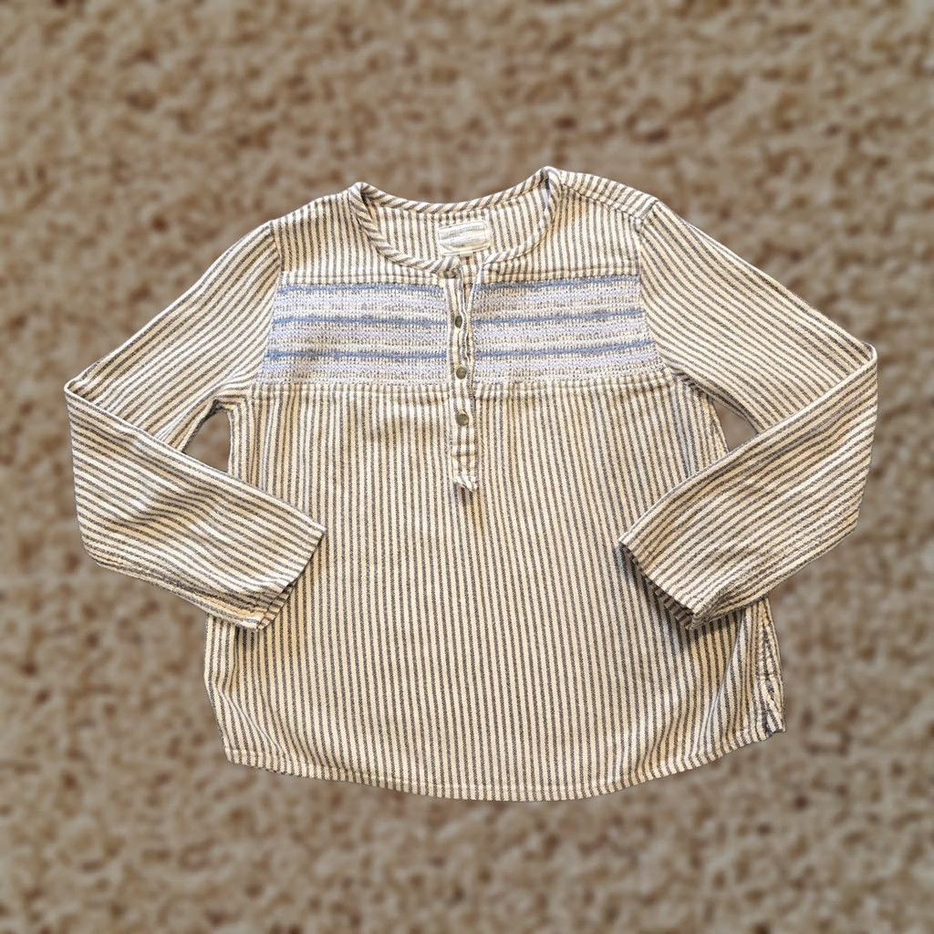 Vintage Current Elliot Top Women Size S Tan Striped Embroidered Henley Boho Casual Shirt Size S / US 4 / IT 40 - 1 Thumbnail