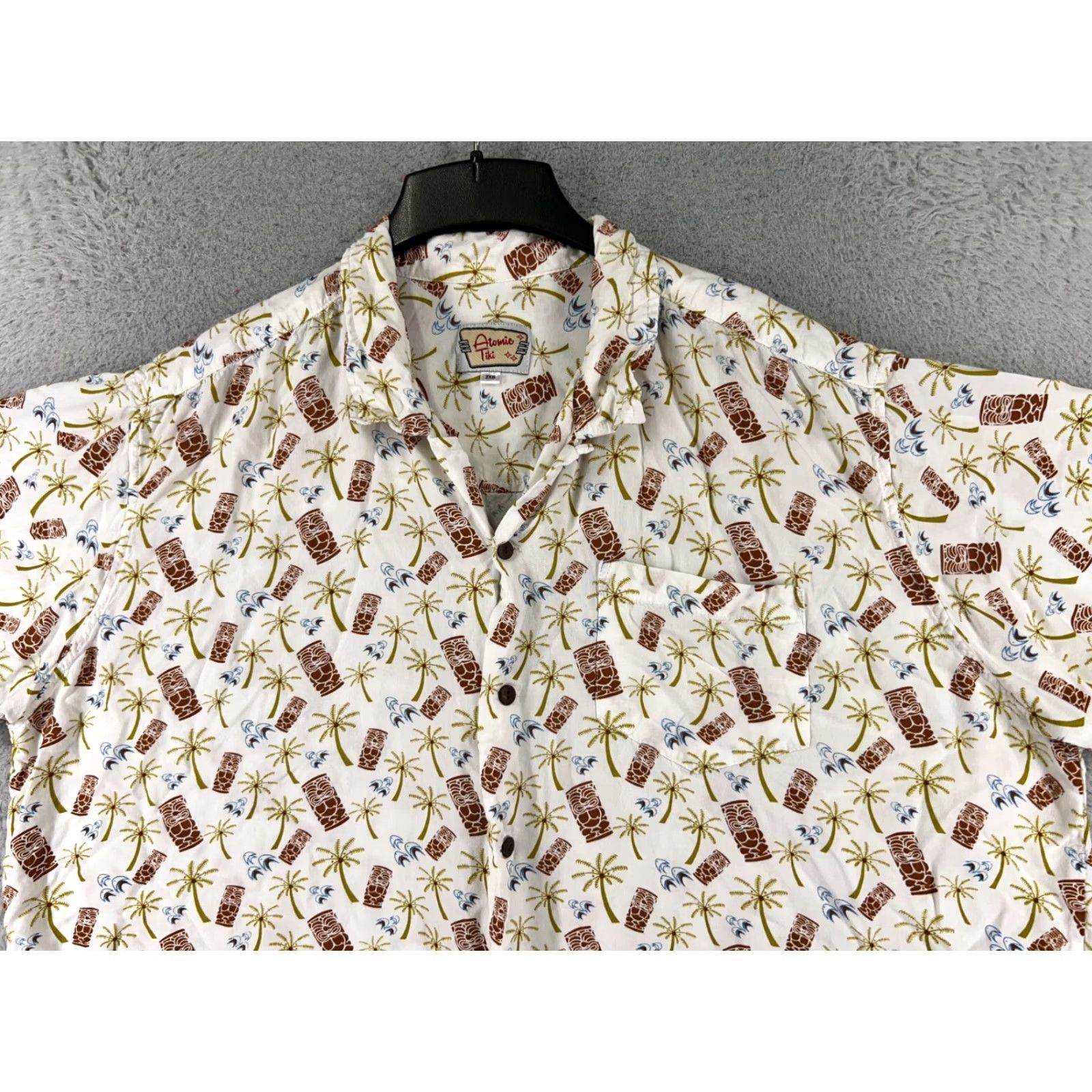 Atomic Atomic Tiki Shirt Adult 2XL White Brown Palm Tree Hawaiian Button Rockabilly Size US XXL / EU 58 / 5 - 4 Thumbnail