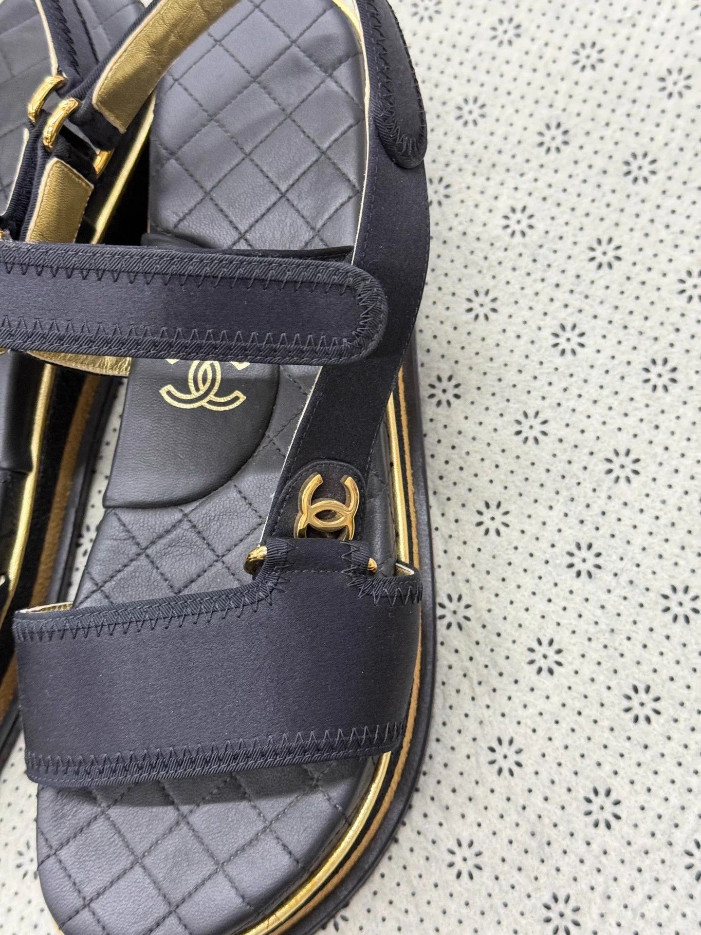 Chanel Chanel Black Gold Velcro Sandals 38.5 Size US 7.5 / IT 37.5 - 3 Thumbnail