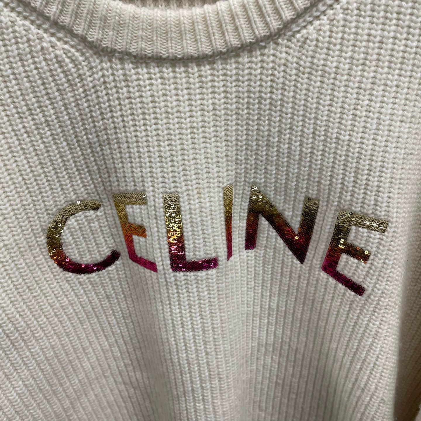 Celine Celine cream beaded big logo wool sweater L Size L / US 10 / IT 46 - 4 Thumbnail