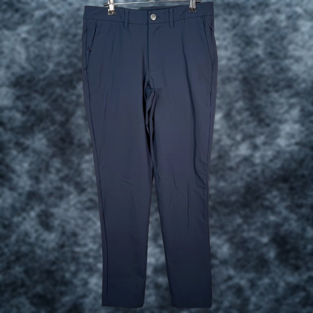 Vintage Mens Slim Fit Navy Blue Chino Pants Office Commute - 30 Regular, Polyester Elastane Cotton, Flat Front, Tapered Leg, Dress Pants, Casual, Men Size US 30 / EU 46 - 1 Thumbnail