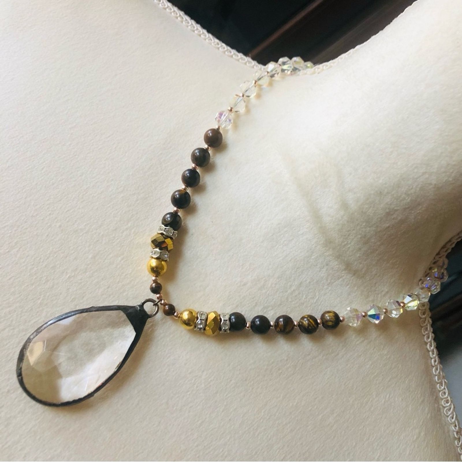 Handmade Handcrafted solder glass stone tiger eye quartz necklace Size ONE SIZE - 1 Thumbnail