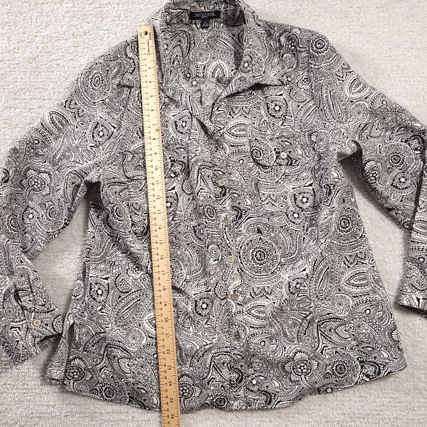 Vintage Notations Button Up Shirt Women's PL Petite Black White Floral Career Roll Tab Blouse Pockets Size L / US 10 / IT 46 - 6 Thumbnail