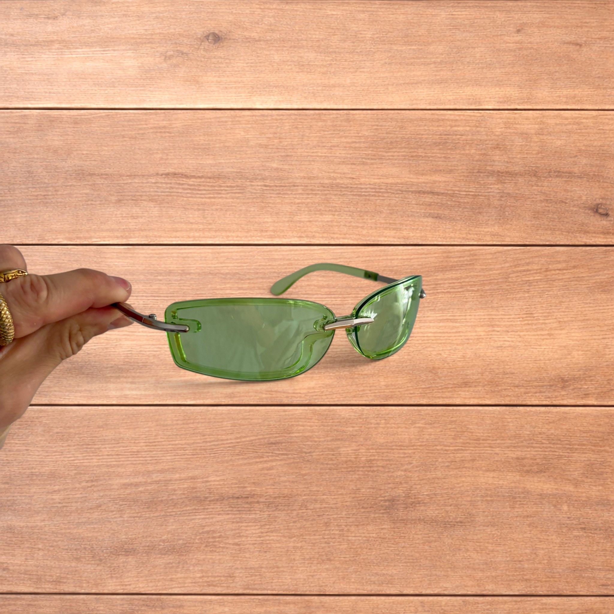Japanese Brand Rimless rectangle frame sunglasses in green and silver. Size ONE SIZE - 6 Thumbnail