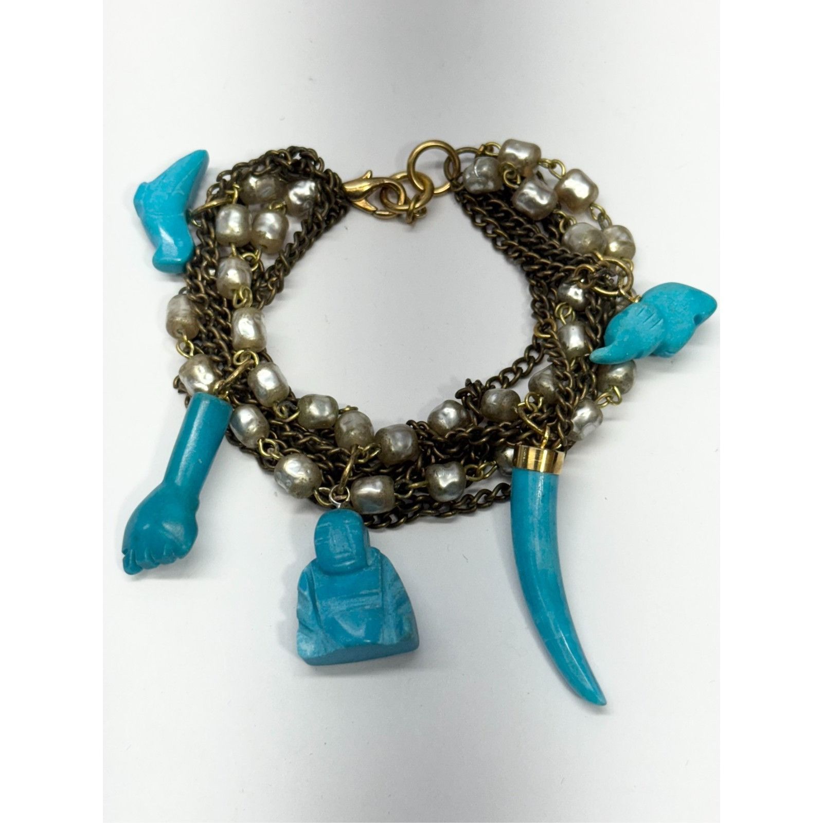 Vintage Vintage multi chain pearl semi precious stone charm bracelet Size ONE SIZE - 3 Thumbnail