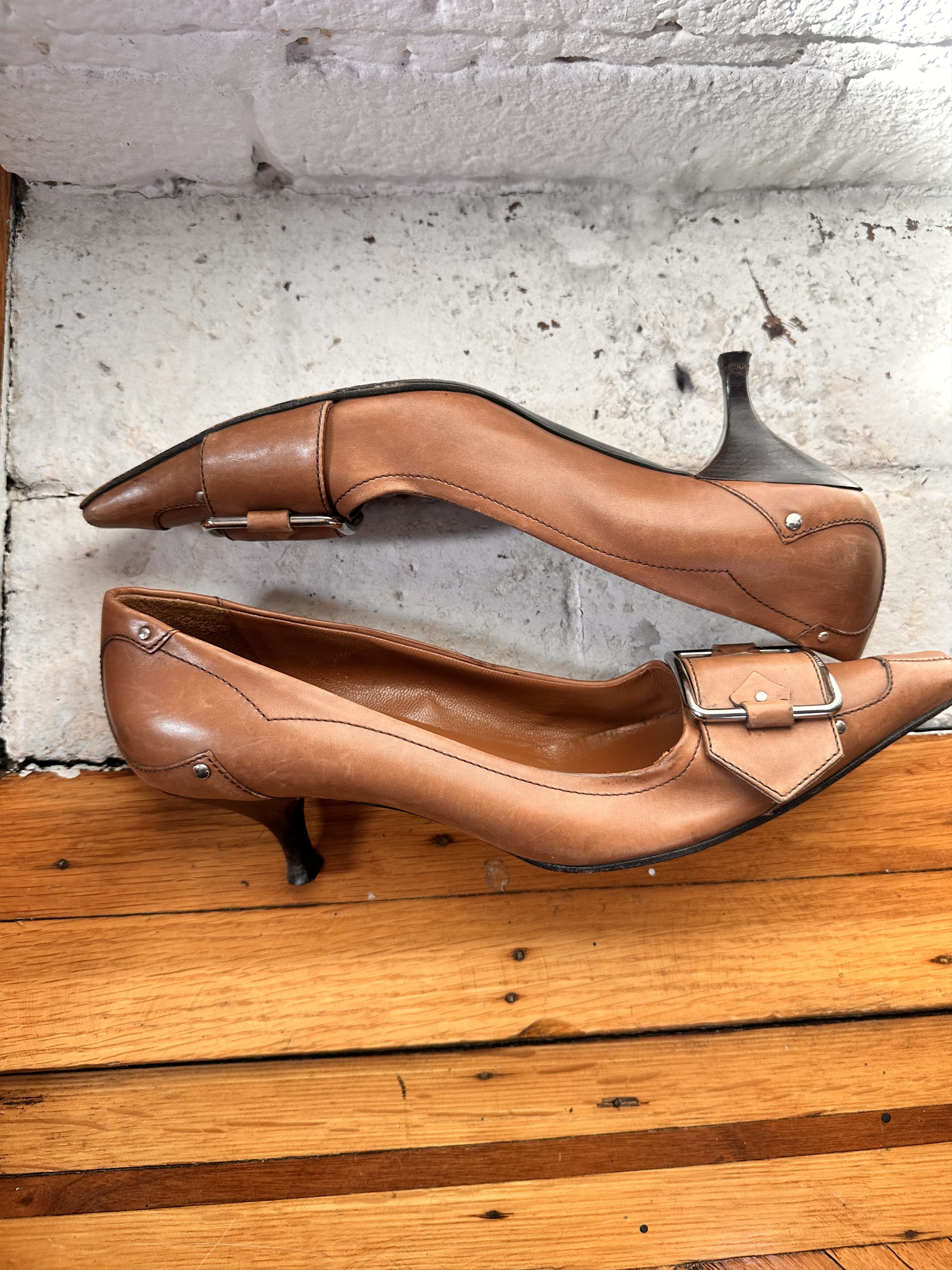 Prada PRADA BROWN LEATHER SILVER BUCKLE HIGH HEELS _ 38.5 EU Size US 7.5 / IT 37.5 - 4 Thumbnail