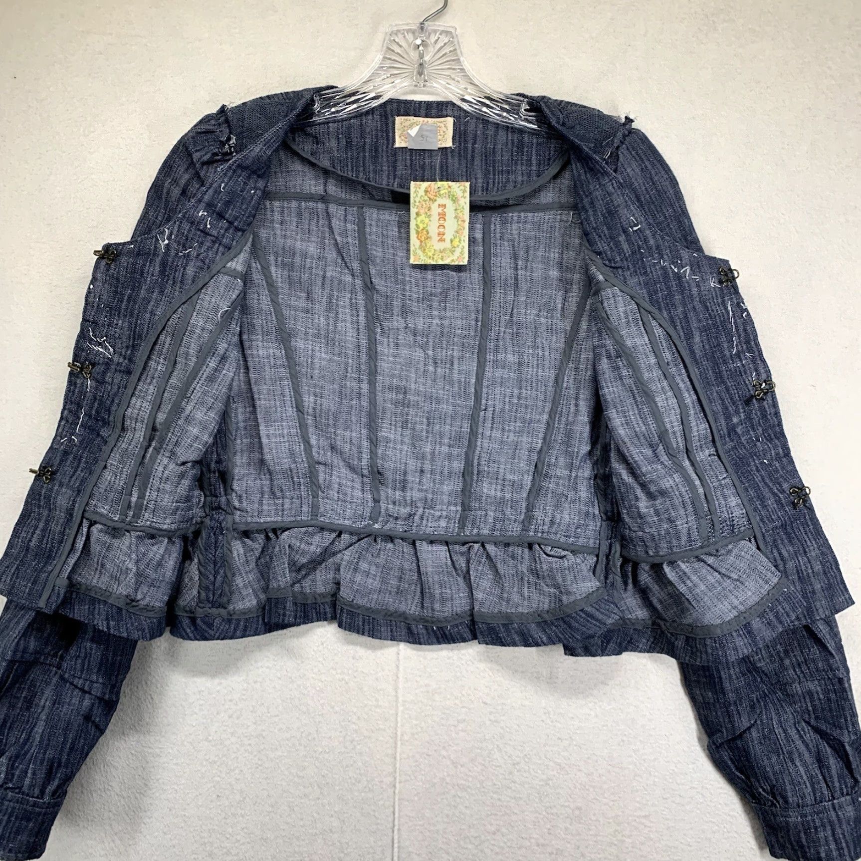 Denime Women's Denim Top Small Crop Super Detailed Beaded Neckline Dark Indigo Stretch Size S / US 4 / IT 40 - 3 Thumbnail