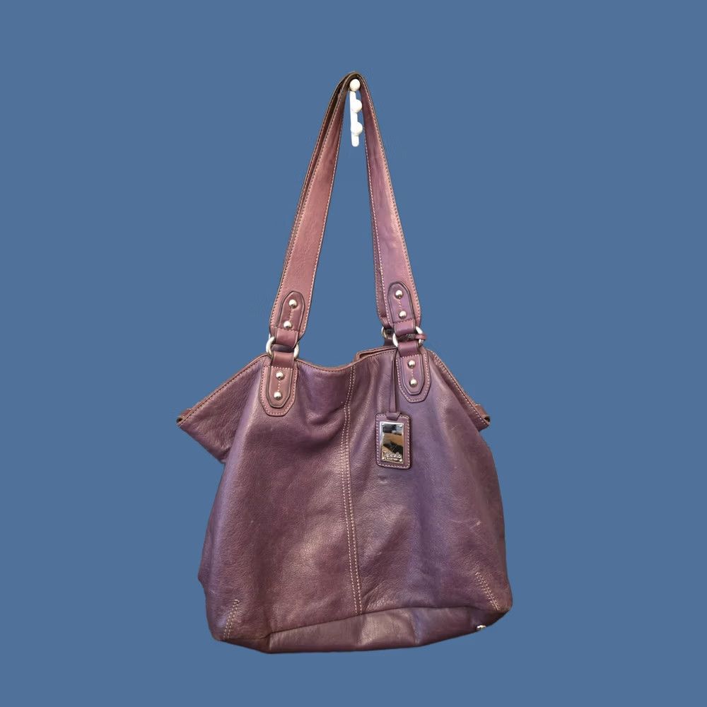 Vintage Tignanello Shoulder Bag Womens Medium Purple Leather Studded Striped Lining Size ONE SIZE - 1 Thumbnail