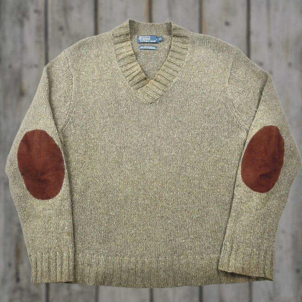 Polo Ralph Lauren Polo Ralph Lauren Sweater Olive Green XL V-Neck Long Sleeve Pullover Knit Cotton Hemp Elbow Patches Mens Size US XL / EU 56 / 4 - 1 Thumbnail