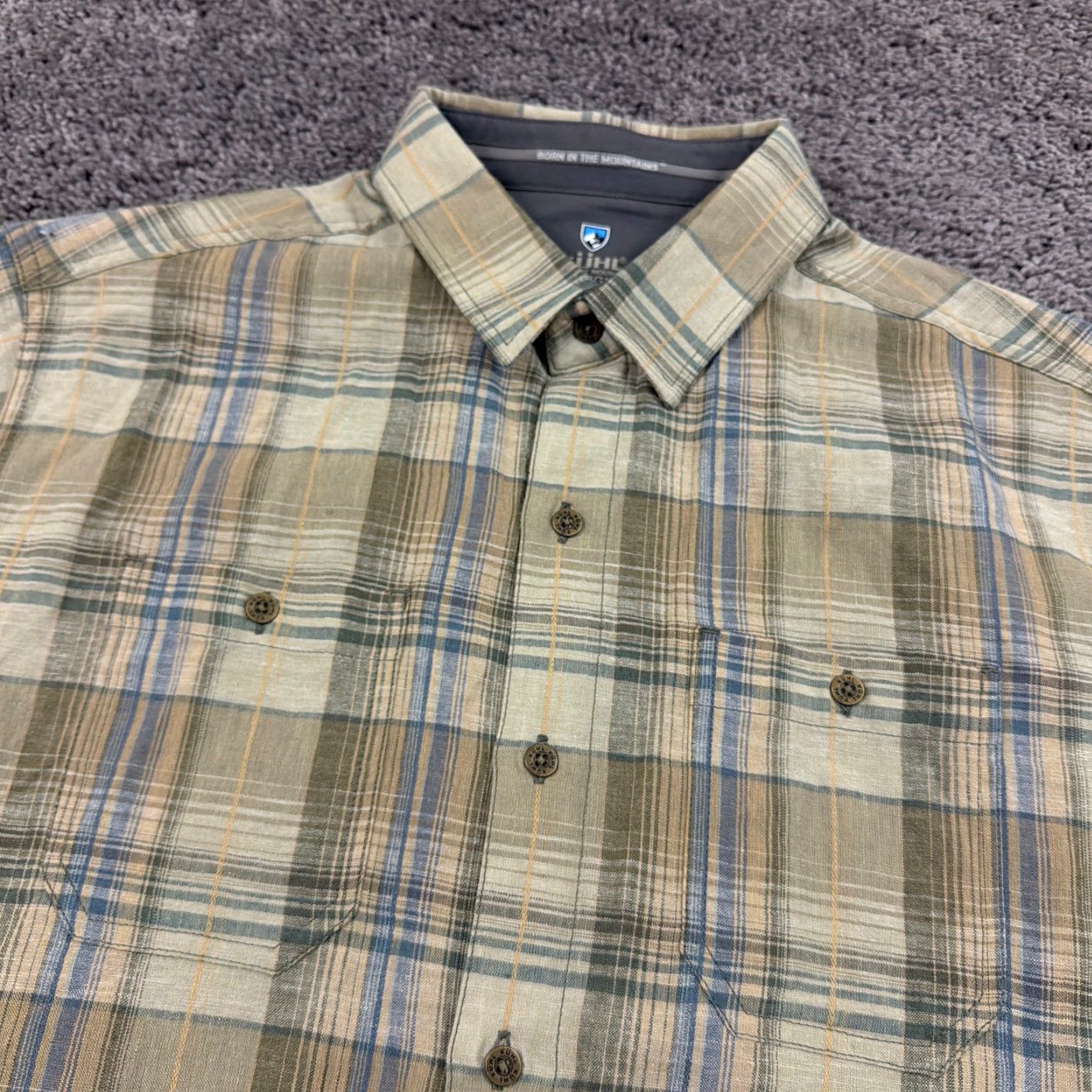Vintage Kuhl Shirt Mens L Green Plaid Short Sleeve Button Up Linen Cotton Breathable Logo Size US L / EU 52-54 / 3 - 2 Thumbnail