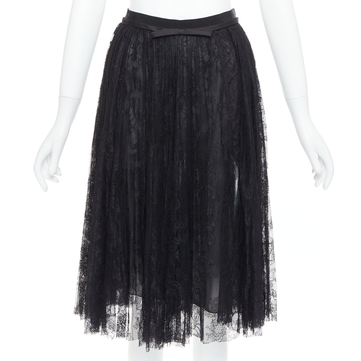 Giambattista Valli GIAMBATTISTA VALLI black lace silk bow trim pleated knee skirt IT38 XXS Size 26" / US 2 / IT 38 - 1 Thumbnail