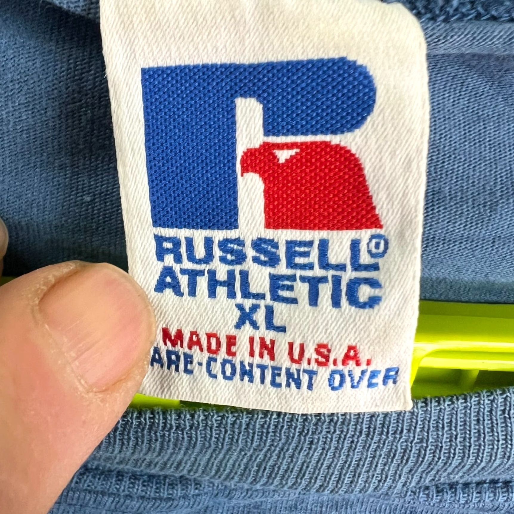 Vintage VINTAGE Russell T-Shirt Mens XL Blue USA Pattern Solid Crew Neck Long Sleeve 54 in Chest 100% Cotton Screen-Printed Logo 1990s Size US XL / EU 56 / 4 - 4 Thumbnail