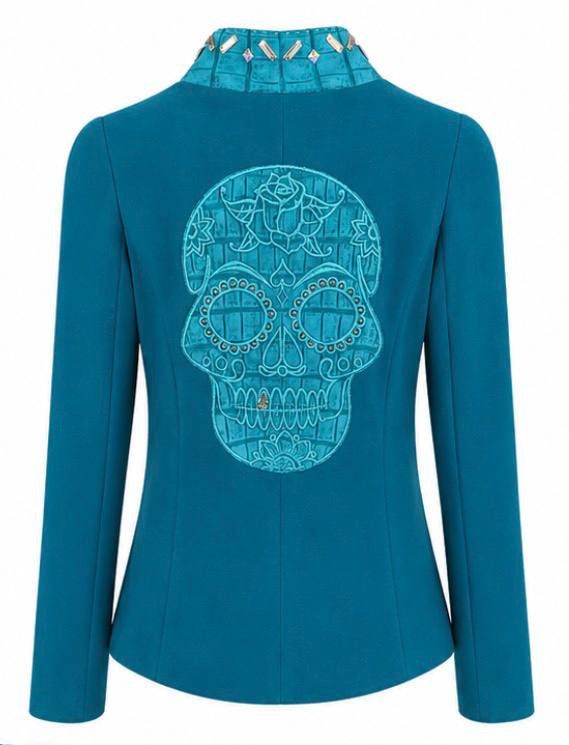Other Turquoise Embroidered Skull Zip Jacket Blazer Size L / US 10 / IT 46 - 3 Thumbnail