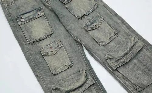 VIBE Retro yellow mud-dyed washed distressed multi-pocket jeans Size US 32 / EU 48 - 6 Thumbnail