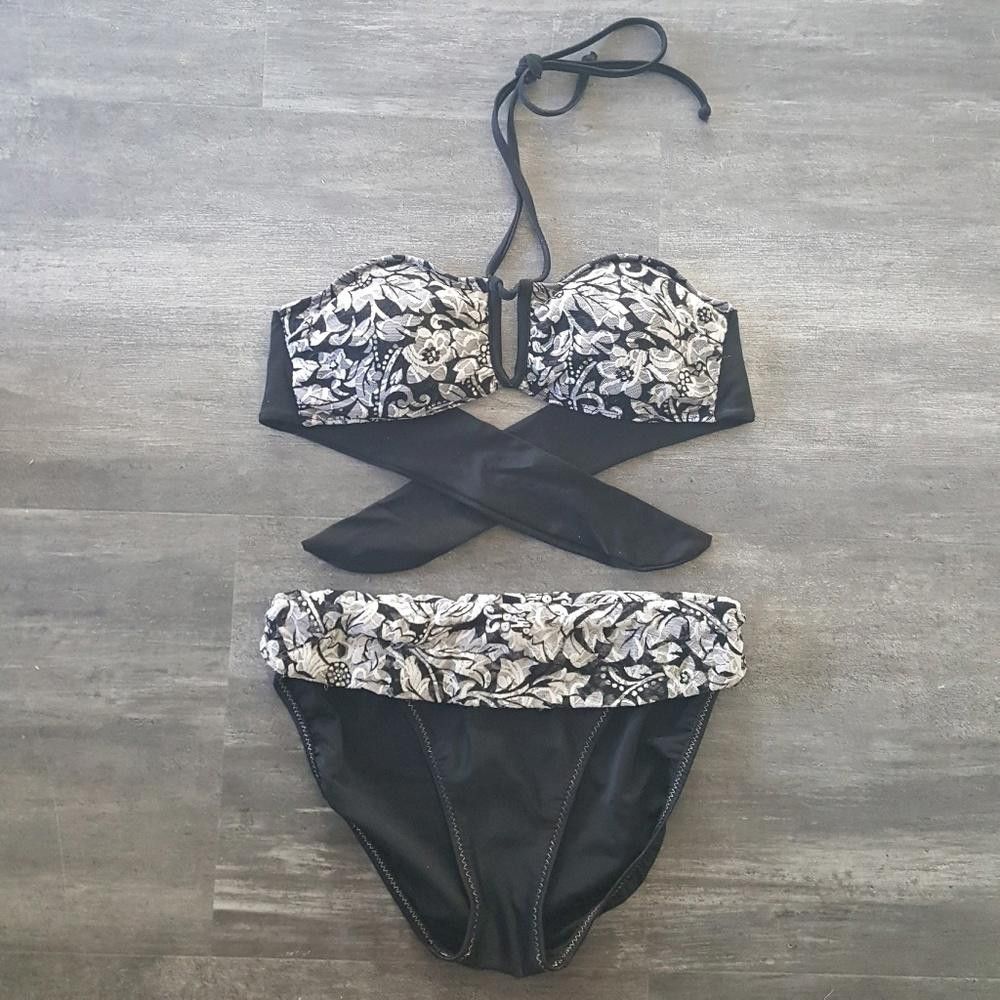 Designer Black Laced Bandeau Bikini Set Size ONE SIZE - 1 Thumbnail