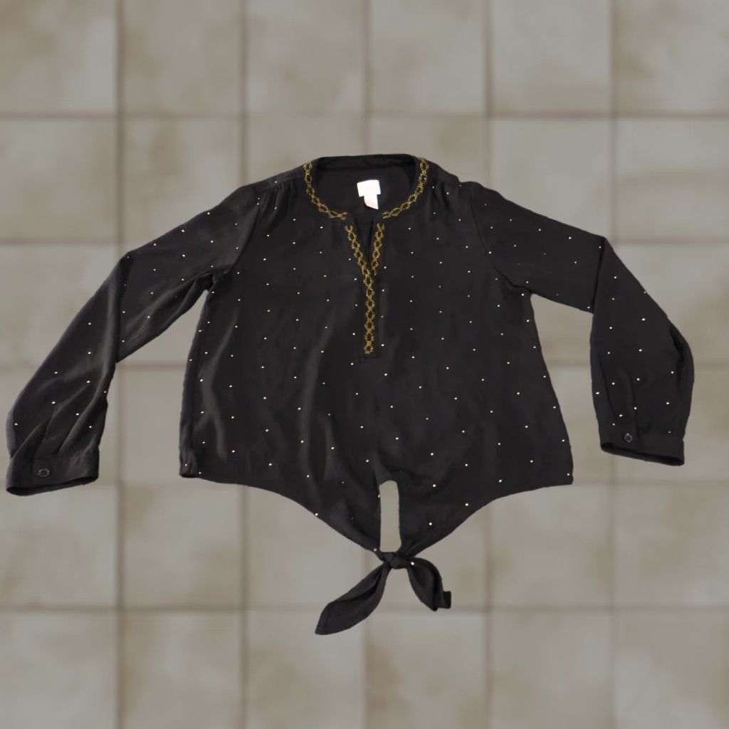 Vintage Chicos Blouse Women 0 Black Studded Embroidery Tie Front Knit Polyester Long Sleeve Casual Everyday Size XS / US 0-2 / IT 36-38 - 1 Thumbnail